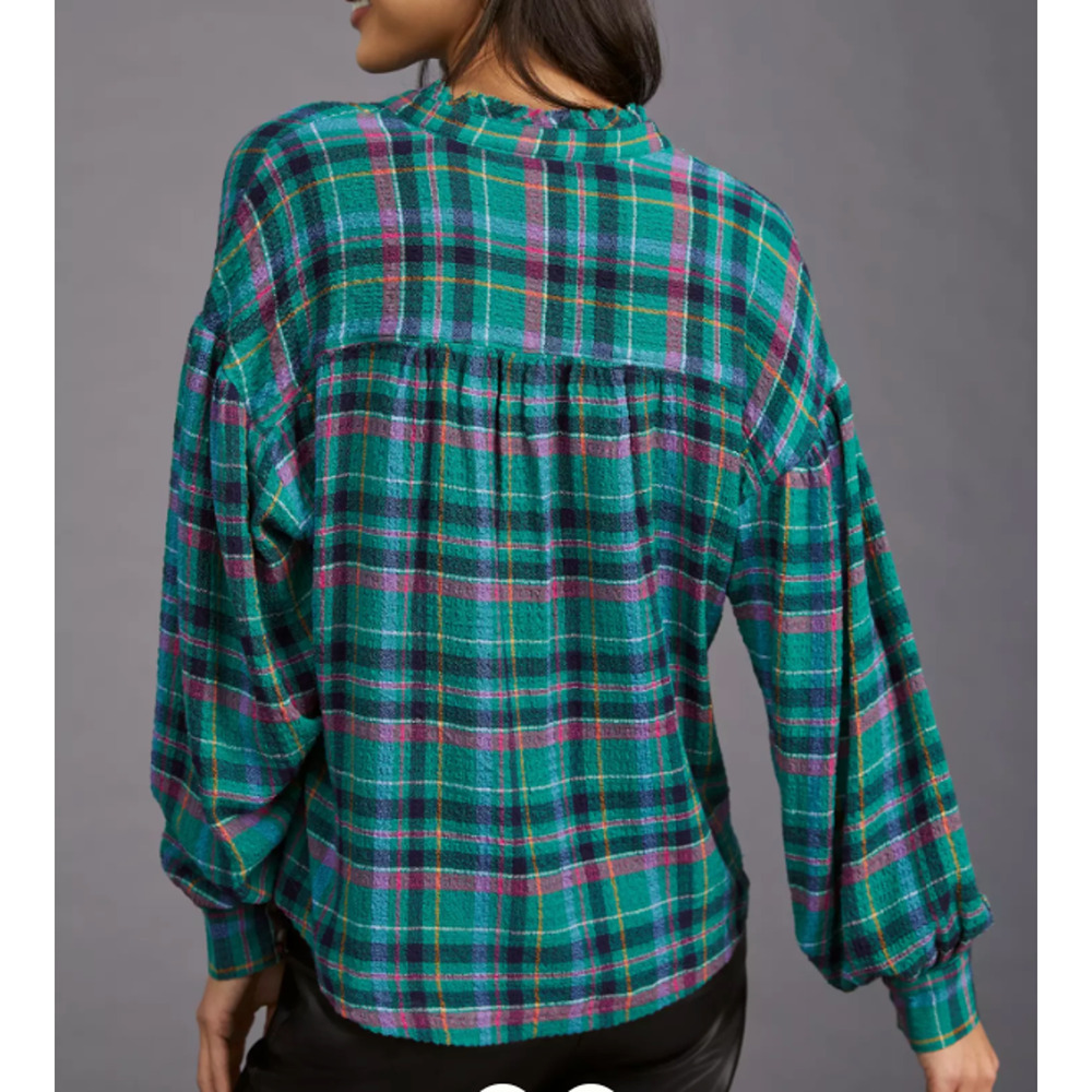 Anthropologie Pilcro Cropped Puff-Sleeve Soft Crinkle Green Plaid Blouse Small - Picture 8 of 8